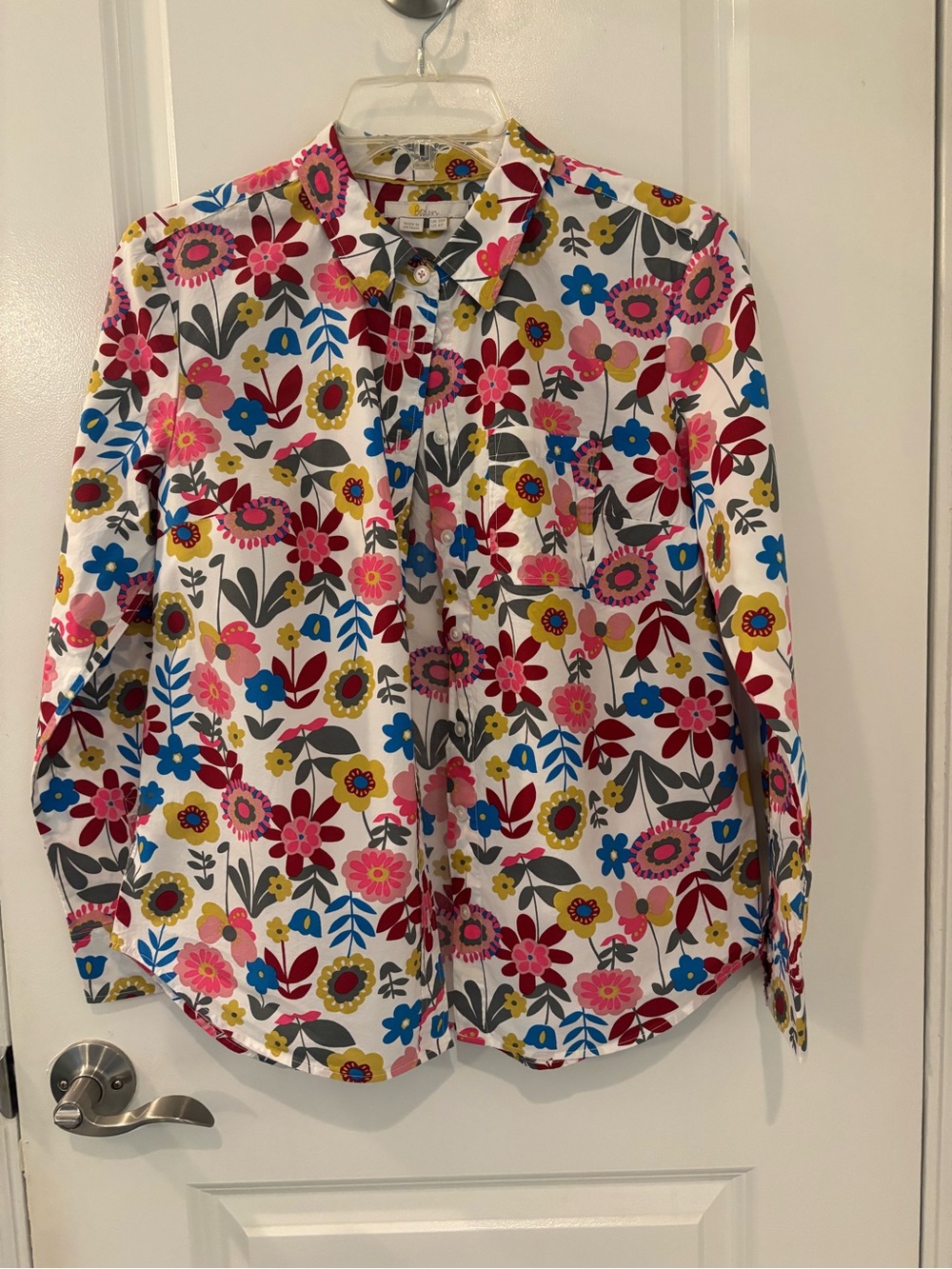 Boden White Floral Button-Up Shirt with Pink, Blue and Mustard Accents 6P